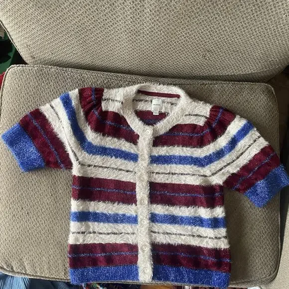 Maeve Anthropologie Short Sleeve Cardigan Sweater Womens LARGE Red Blue Sparkle - Picture 11 of 11